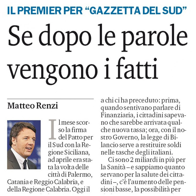 Intervento di Renzi sulla "Gazzetta" di domani