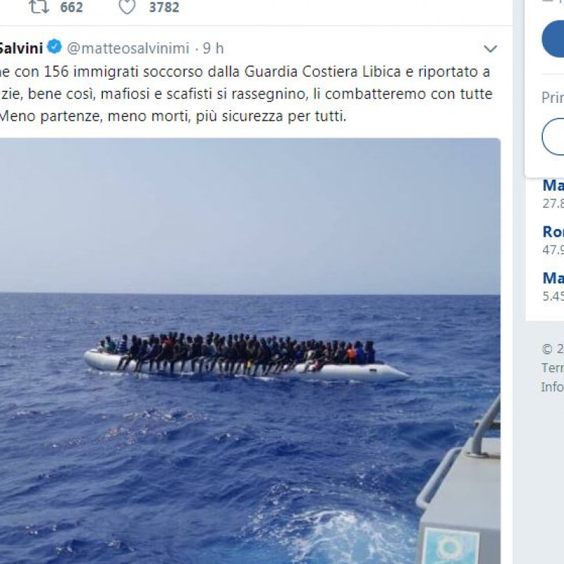 Salvini, 156 migranti riportati indietro dalla Guardia libica