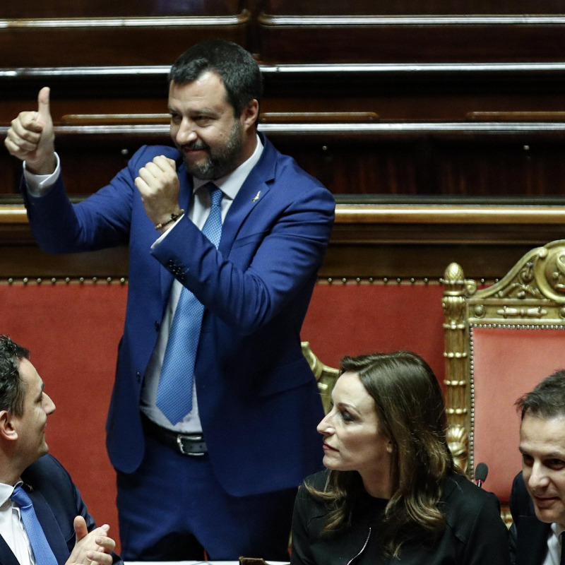 Il vice premier e ministro dell'Interno Matteo Salvini dopo il voto finale sulla legittima difesa