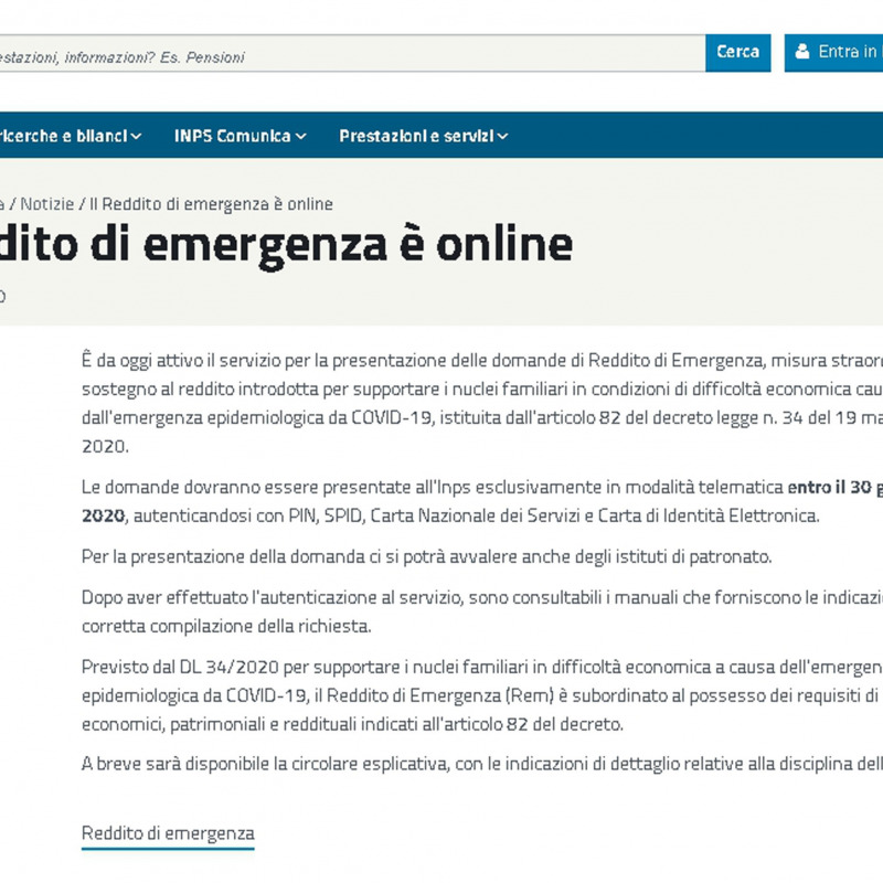 Lo screenshot del sito dell'Inps con le indicazioni per richiedere il reddito di emergenza