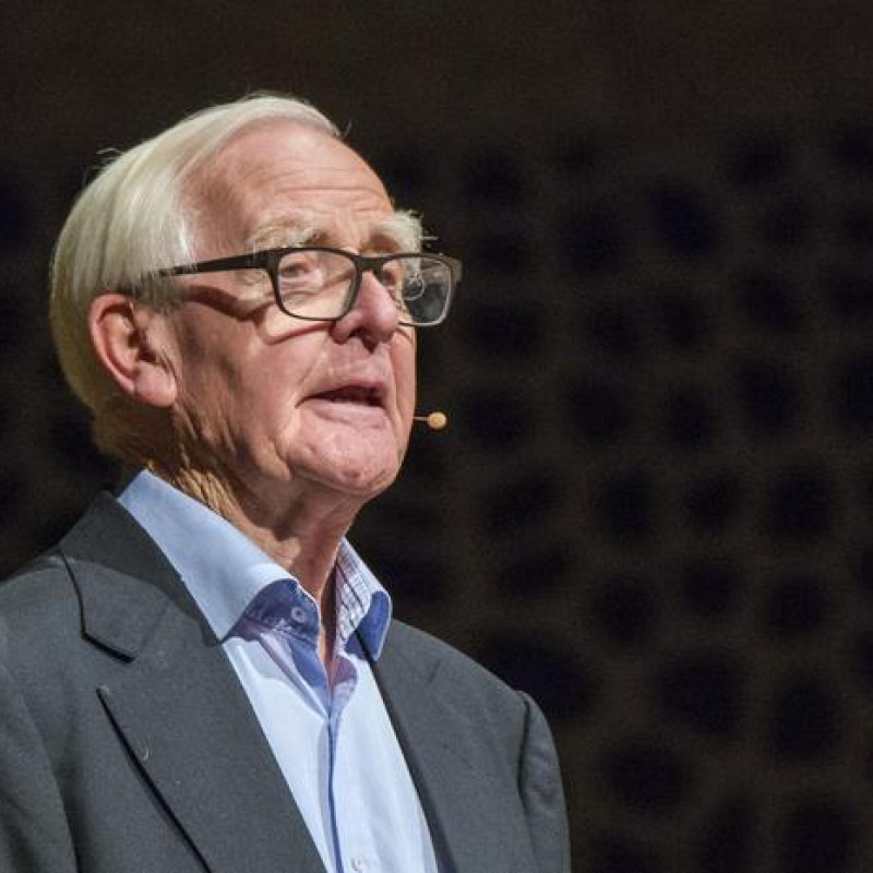 British author John le Carre speaks in Hamburg, Germany, to promote his new book 'A Legacy of Spies' Sunday, Oct. 15, 2017. (Daniel Bockwoldt/dpa via AP)