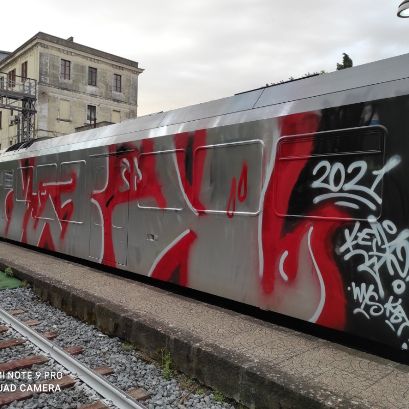 Il vagone delle Ferrovie della Calabria deturpato dai vandali a Catanzaro