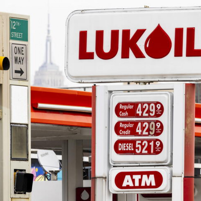 epa09808230 A sign shows the price per gallon of gasoline at a Lukoil station in Jersey City, New Jersey, USA, 07 March 2022. New Jersey Governor Phil Murphy is considering some sort of punitive action against Lukoil stations in the state as Lukoil is one of the largest energy producers in Russia, but many of the stations are locally owned and operated as franchises. The US national average for a gallon of gasoline is at four US dollars per gallon as of 07 March, a 40 cent per gallon increase in the last week, as oil prices hit 13-year highs as a result of the expected impact of the sanctions being imposed on Russia after its invasion of Ukraine. EPA/JUSTIN LANE
