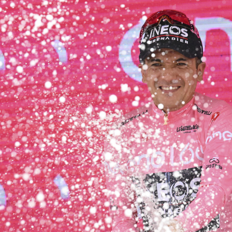 Ecuadorean rider Richard Carapaz of INEOS Grenadiers team, celebrates on podium of the eighteenth stage of the 105th Giro d`Italia cycling tour, a race of 152 km from Borgo Valsugana to Treviso, Italy, 26 May 2022. ANSA/MAURIZIO BRAMBATTI