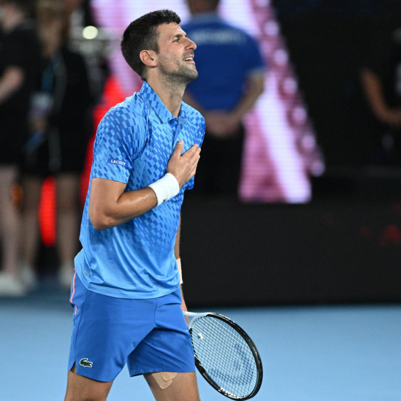 epa10428357 Novak Djokovic of Serbia celebrates after winning his quarterfinal match against Andrey Rublev of Russia at the 2023 Australian Open tennis tournament in Melbourne, Australia, 25 January 2023. EPA/FAZRY ISMAIL