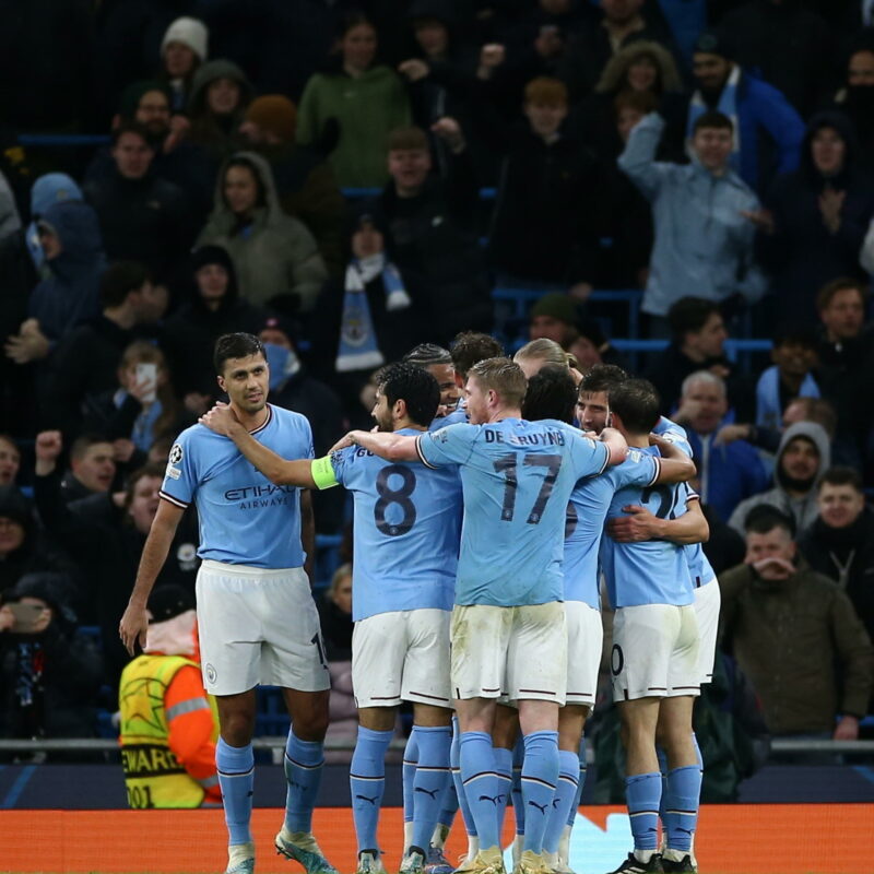 epa10522990 Manchester City's Bernardo Silva (L) and Erling Haaland (R) react during the UEFA Champions League Round of 16, 2nd leg match between Manchester City and RB Leipzig in Manchester, Britain, 14 March 2023. EPA/Adam Vaughan