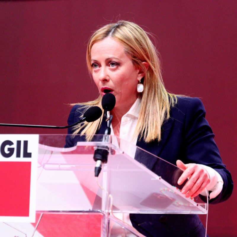 Italian Prime Minister Giorgia Meloni speaks on the occasion of the XIX national congress of the CGIL at the Palacongressi in Rimini, Italy, 17 March 2023. Italy's leading trade union confederation CGIL's congress has this year's motto: 'Work creates the future'. ANSA/DAVIDE GENNARI
