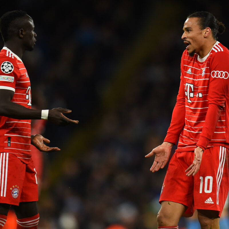 epa10568924 Leroy Sane and Sadio Mane of Bayern Munich react during the UEFA Champions League quarter final 1st leg match between Manchester City and Bayern Munich in Manchester, Britain, 11 April 2023. EPA/PETER POWELL