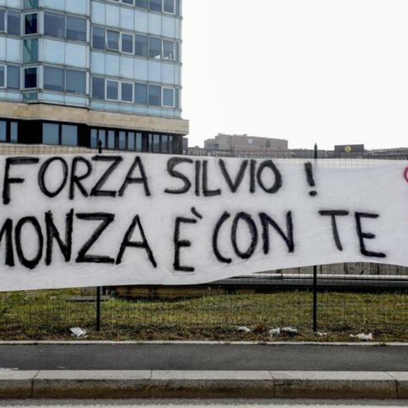 A banner for Silvio Berlusconi saying Monza (Berlusconi's soccer team) is with you and Forza Silvio hangs outside the San Raffaele hospital in Milan, Italy, 07 April 2023.ANSA/MOURAD BALTI TOUATI