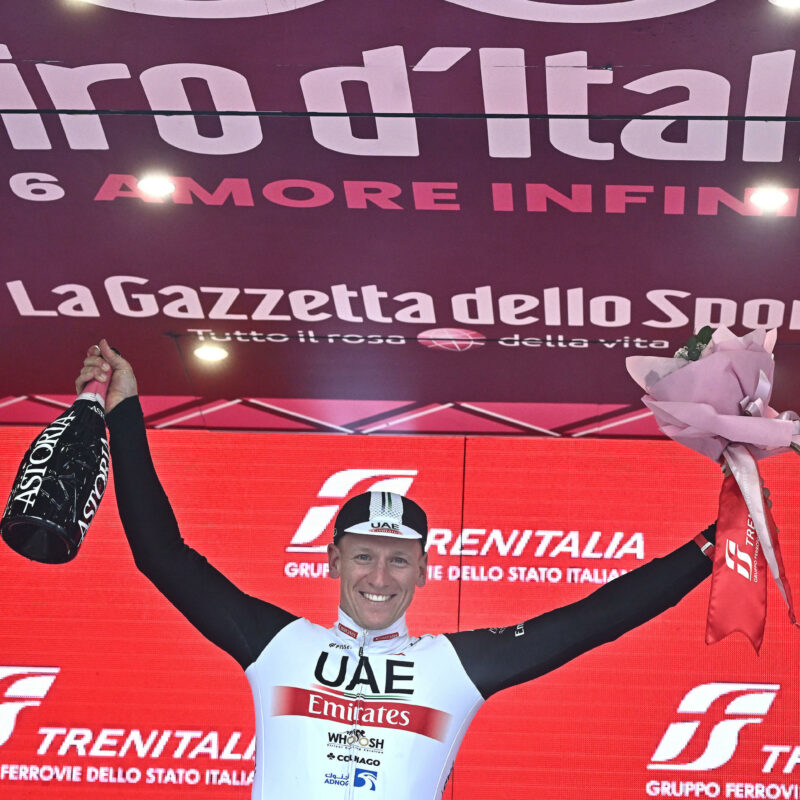 German rider Pascal Ackermann of Uae Team Emirates celebrate on the podiun after winning win the eleventh stage of the 2023 Giro d'Italia cycling race over 219 km from Camaiore to Tortona, Italy, 17 May 2023. ANSA/LUCA ZENNARO
