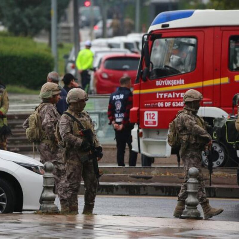 Members of Turkish Police Special Forces secure the area near the Interior Ministry following a bomb attack in Ankara, on October 1, 2023, leaving two police officers injured. The interior ministry said on October 1, 2023, that two attackers arrived in a commercial vehicle around 9:30 am (0630 GMT) "in front of the entrance gate of the General Directorate of Security of our Ministry of the Interior, and carried out a bomb attack." (Photo by Adem ALTAN / AFP)