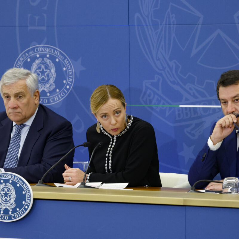 (L-R) Italian Foreign Minister and Deputy Prime Minister Antonio Tajani, Italian Prime Minister Giorgia Meloni and Italian Minister for Infrastructure and Deputy Prime Minister Matteo Salvini, during a press conference, Rome, Italy, 03 November 2023. ANSA/FABIO FRUSTACI