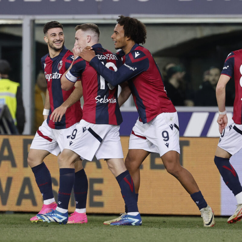 Bologna's Lewis Ferguson jubilates with his teammates after scoring the goal during the Italian Serie A soccer match Bologna FC vs Atalanta BC at Renato Dall'Ara stadium in Bologna, Italy, 23 December 2023. ANSA /ELISABETTA BARACCHI