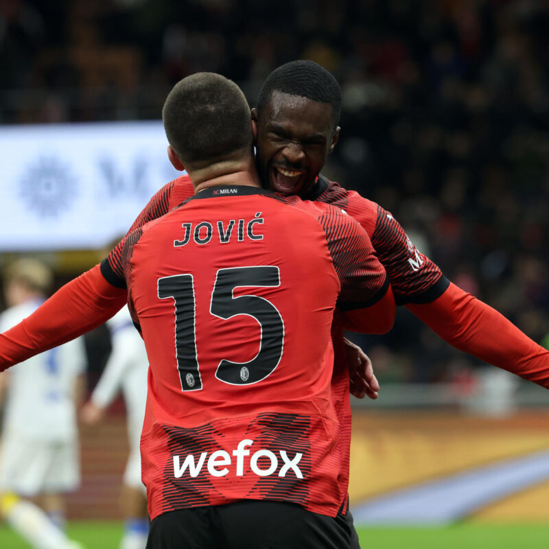 AC Milans Fikayo Tomori (R) with his teammate Luka Jovic jubilates after scoring goal of 3 to 0 during the Italian serie A soccer match between AC Milan and Frosinone at Giuseppe Meazza stadium in Milan, 2 December 2023.ANSA / MATTEO BAZZI