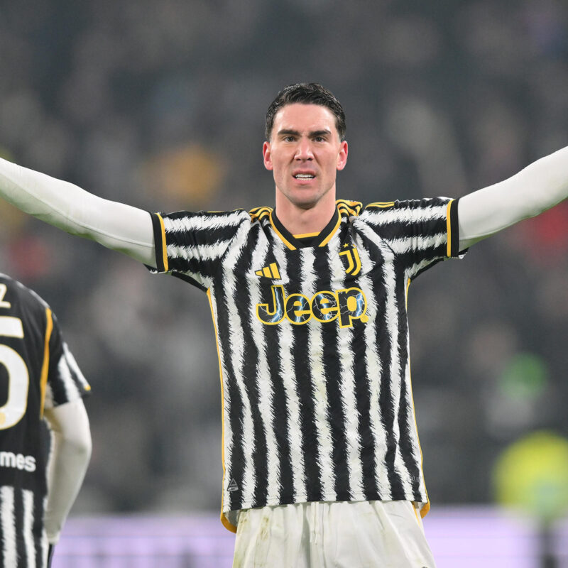 Juventus' Dusan Vlahovic jubilates after scoring the goal (2-0) during the Italian Serie A soccer match Juventus FC vs US Sassuolo at the Allianz Stadium in Turin, Italy, 16 January 2024.ANSA/ALESSANDRO DI MARCO