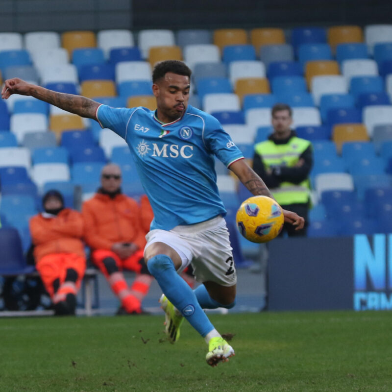 Napoli's Cyril Ngonge scores a goal during the Italian Serie A soccer match SSC Napoli vs Genoa Cricket and Football Club at "Diego Armando Maradona" stadium in Naples, Italy, 17 February 2024 ANSA / CESARE ABBATE