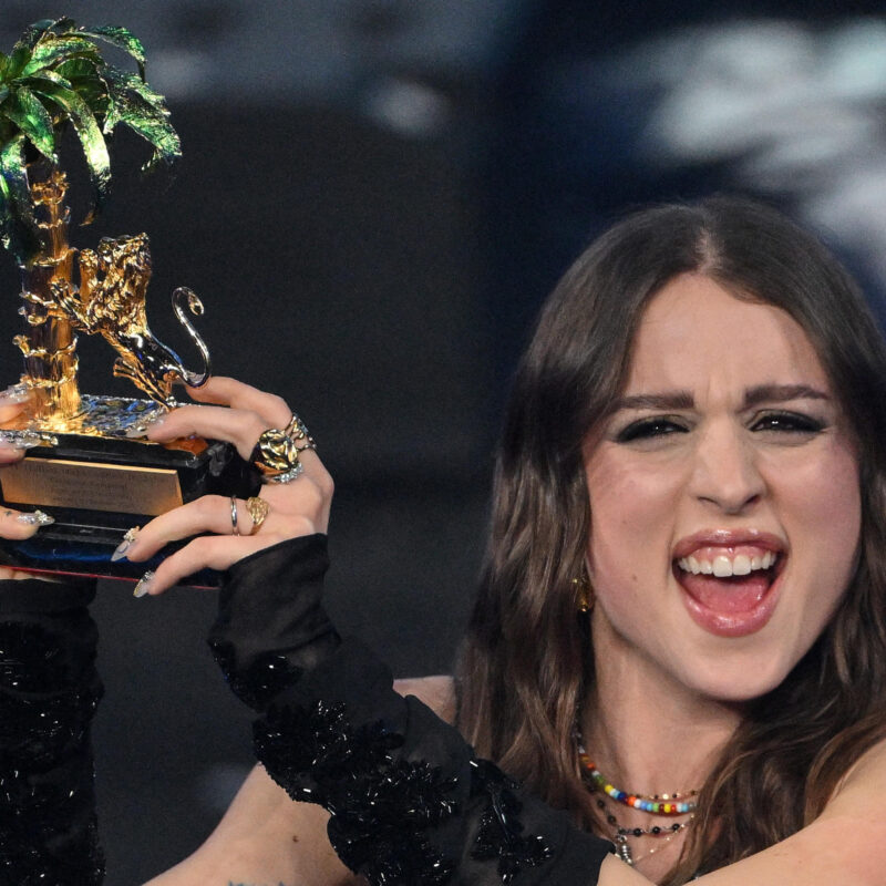 Italian singer Angelina Mango celebrates with the trophy after winning the Sanremo Italian Song Festival at the Ariston theatre during the 74th Sanremo Italian Song Festival, Sanremo, Italy, 10 February 2024. The music festival will run from 06 to 10 February 2024. ANSA/ETTORE FERRARI