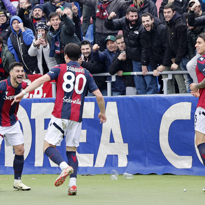 Bologna's Riccardo Orsolini jubilates with his teammates after scoring his second goal during the Italian Serie A soccer match Bologna FC vs US Lecce at Renato Dall'Ara stadium in Bologna, Italy, 11 February 2024. ANSA /SERENA CAMPANINI