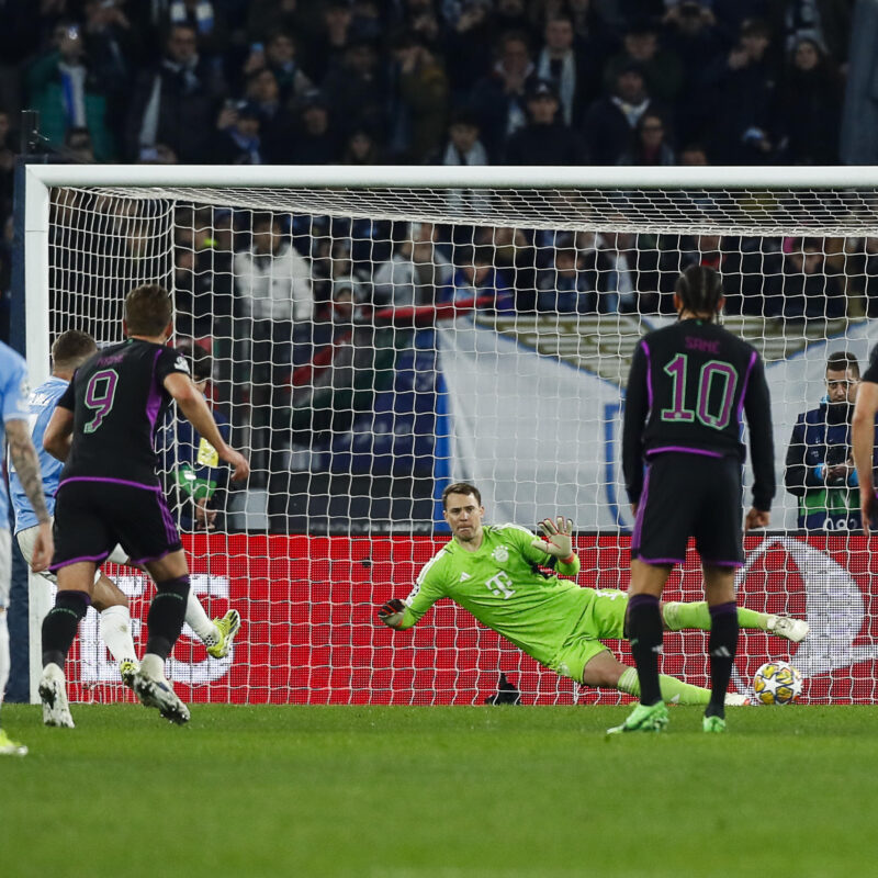 Lazio's Ciro Immobile (L) scores on penalty the 1-0 goal during the UEFA Champions League round of 16 first leg soccer match SS Lazio vs FC Bayern Munich at Olimpico stadium in Rome, Italy, 14 February 2024. ANSA/ANGELO CARCONI