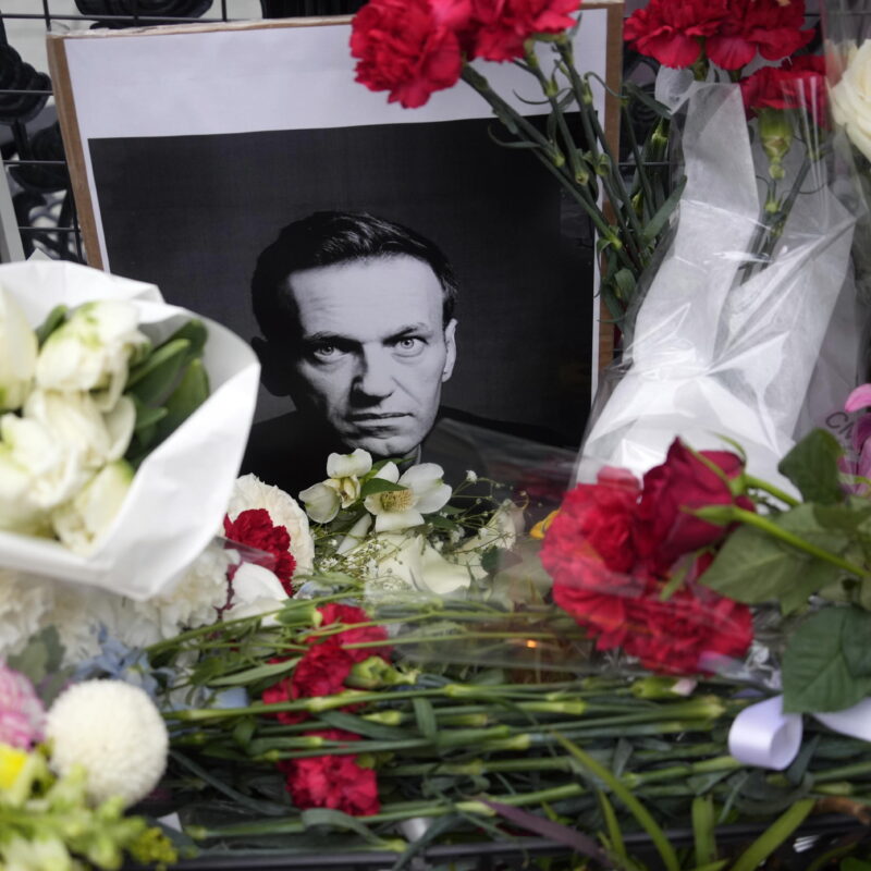 epaselect epa11160246 A portrait of Russian opposition leader Alexei Navalny is displayed surrounded with flowers before the Russian Orthodox Church in Tokyo, Japan, 17 February 2024. Russian opposition leader and outspoken Kremlin critic Alexei Navalny has died aged 47 in a penal colony, the Federal Penitentiary Service of the Yamalo-Nenets Autonomous District announced on 16 February 2024. A prison service statement said that Navalny 'felt unwell' after a walk on 16 February, and it was investigating the causes of his death. In late 2023 Navalny was transferred to an Arctic penal colony considered one of the harshest prisons. EPA/FRANCK ROBICHON