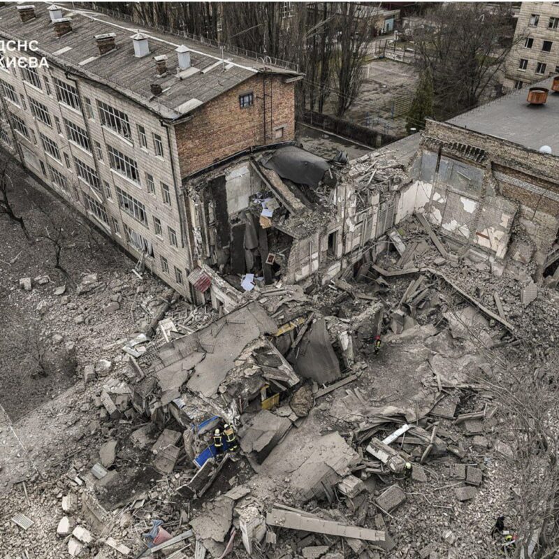 epa11242835 A handout photo made available by the State Emergency Service shows Ukrainian rescuers working at the site of a damaged building after a missile strike in Kyiv, Ukraine, 25 March 2024, amid the Russian invasion. A three-story building housing a gym was damaged as a result of the morning rocket that hit Kyiv. At least nine people were injured according to the State Emergency Service. EPA/STATE EMERGENCY SERVICE HANDOUT HANDOUT EDITORIAL USE ONLY/NO SALES HANDOUT EDITORIAL USE ONLY/NO SALES