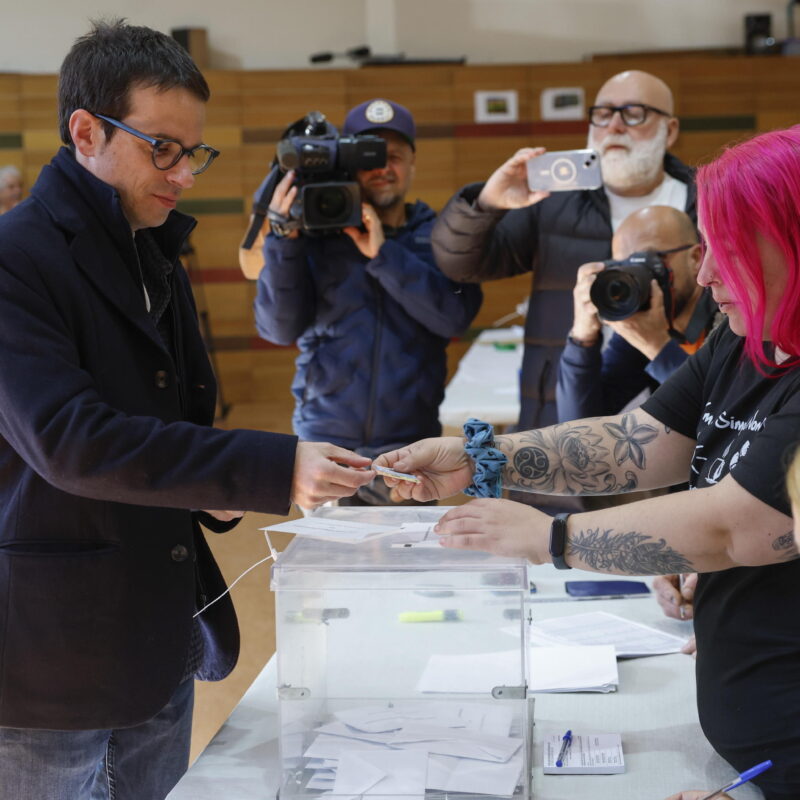 epa11291120 EH Bildu's candidate for the Presidency of the Basque regional elections Pello Otxandiano (L) casts his vote at a polling station in Otxandio, Bizkaia, Basque Country, Spain, 21 April 2024. The Basque Country holds regional elections as surveys point at Left wing Basque nationalist party EH Bildu as the winner of the elections for the first time, although without enough votes to Govern on their own which will force them to form coalition with other political parties. EPA/Miguel Tona