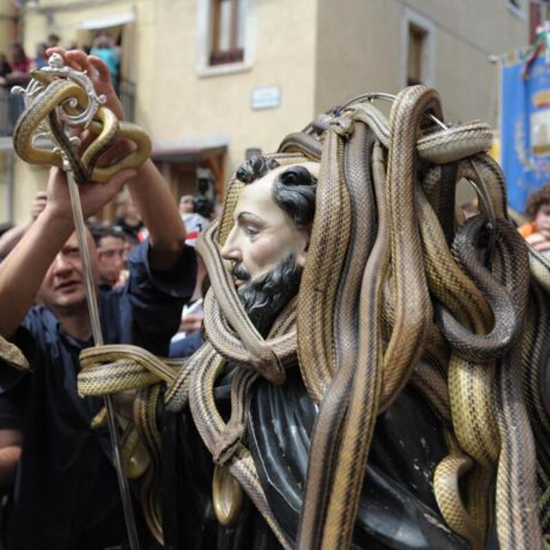 La statua di San Domenico coperta dai serpenti durante la tradizionale festa dei serpari a Cocullo (L'Aquila), 01 maggio 2012.ANSA/CLAUDIO LATTANZIO