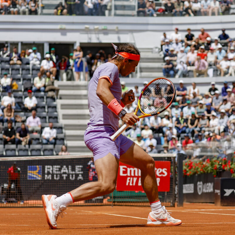 Rafael Nadal of Spain in action during his men's singles 1st round match against Zizou Bergs of Belgium (not pictured) at the Italian Open tennis tournament in Rome, Italy, 09 May 2024 ANSA/FABIO FRUSTACI
