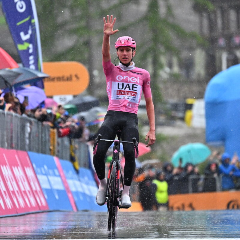 Slovenian rider Tadej Pogacar of Uae Team Emirates celebrates after crossing the finish line and win the 16th stage of the 107 Giro d'Italia 2024, cycling race over 202 km from Livigno to Santa Cristina Valgardena, Italy, 21 May 2024. ANSA/LUCA ZENNARO