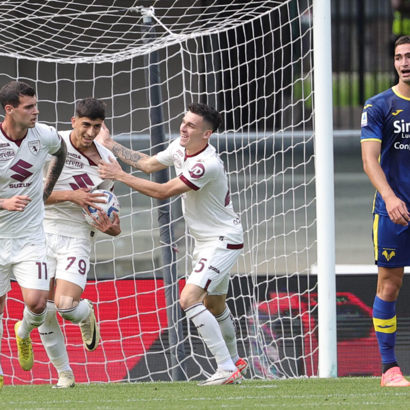 Torino's Zanos Savva jubilates after scoring the goal 1-1 during the Italian Serie A soccer match Hellas Verona vs Torino FC at Marcantonio Bentegodi stadium in Verona, Italy, 12 May 2024. ANSA/EMANUELE PENNACCHIO