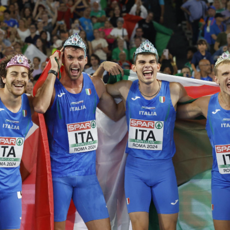 Italian Lorenzo Simonelli during 4x100 Rely Men qualification on occasion of European Athletics Championship, 6 at Oimpico Stadium in Rome, 11 June 2024. ANSA/CLAUDIO PERI