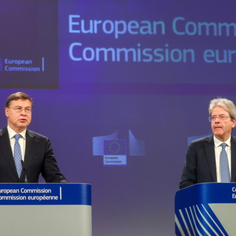 epa11169457 Executive Vice President of the European Commission for An Economy that Works for People, Valdis Dombrovskis (L), and European Commissioner in charge of Economy, Paolo Gentiloni (R), give a press conference on the mid-term review of the Recovery and Resilience Facility (RRF), in Brussels, Belgium, 21 February 2024. The Commission presented the mid-term evaluation of the Recovery and Resilience Facility (RRF), the EU's recovery instrument at the heart of the 800 billion Euro NextGenerationEU (NGEU) plan. Unprecedented in its scale and ambition, the RRF was established in February 2021 and has the two-fold objective of helping Member States to recover from the COVID-19 pandemic, as well as bolstering their resilience and making their economies and societies greener, more digital and more competitive. EPA/OLIVIER HOSLET