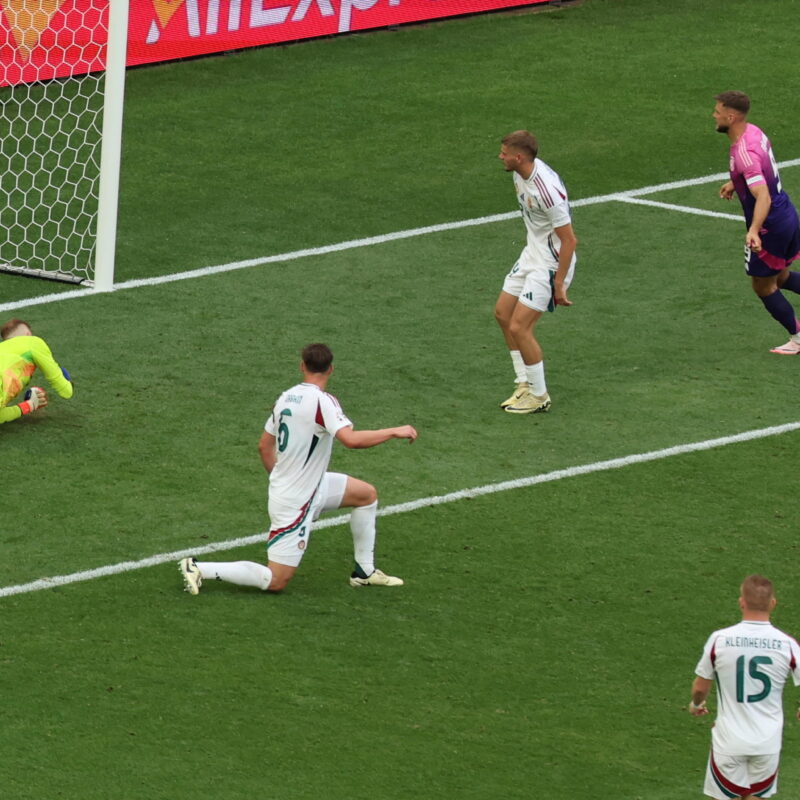 epa11423471 Ilkay Gundogan of Germany (R) scores the 2-0 goal during the UEFA EURO 2024 Group A soccer match between Germany and Hungary, in Stuttgart, Germany, 19 June 2024. EPA/MOHAMED MESSARA