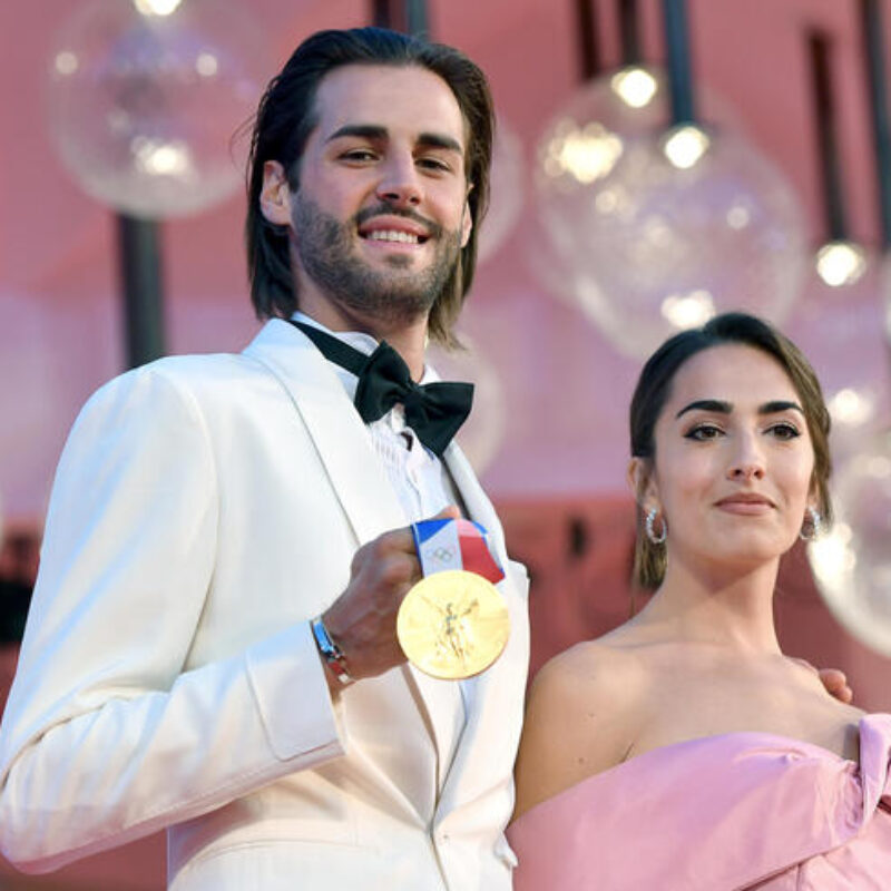 Gianmarco Tamberi and Chiara Bontempi (R) arrive for the premiere of 'Qui rido io' during the 78th annual Venice International Film Festival,in Venice,Italy, 07 September 2021. The movie is presented in Official competition 'Venezia 78' at the festival running from 01 to 11 September. ANSA/ETTORE FERRARI