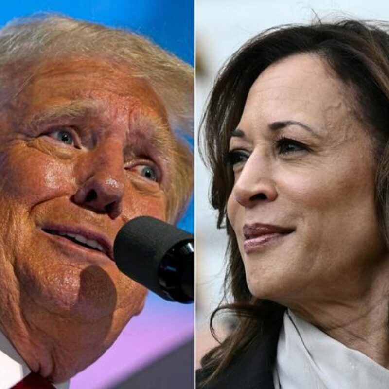 (COMBO) This combination of pictures created on July 22, 2024 shows former US President and 2024 Republican presidential candidate Donald Trump accepting his party's nomination on the last day of the 2024 Republican National Convention at the Fiserv Forum in Milwaukee, Wisconsin, on July 18, 2024 and US Vice President Kamala Harris attending an event honoring National Collegiate Athletic Association (NCAA) championship teams from the 2023-2024 season, on the South Lawn of the White House in Washington, DC on July 22, 2024. Democrats rapidly coalesced around Vice President Kamala Harris on July 22, 2024 as she raced to secure the party's nomination to take on Donald Trump in November in the wake of President Joe Biden's sensational exit. (Photo by Nick Oxford and Brendan SMIALOWSKI / AFP)