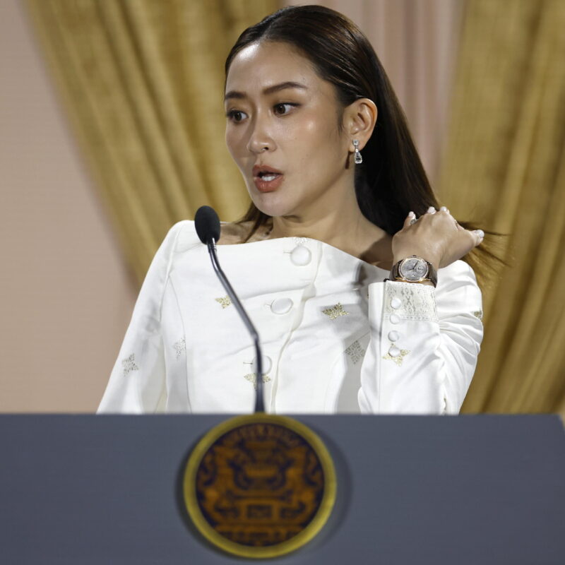 epaselect epa11553895 Thailand's Prime Minister Paetongtarn Shinawatra speaks during a press conference after receiving the royal command appointment to become prime minister at Pheu Thai Party's headquarters in Bangkok, Thailand, 18 August 2024. The ruling Pheu Thai Party leader Paetongtarn Shinawatra, the youngest daughter of the coup-ousted former premier Thaksin Shinawatra, succeeded in the parliamentary vote to become Thailand's 31st prime minister and the country's youngest prime minister in history. EPA/RUNGROJ YONGRIT