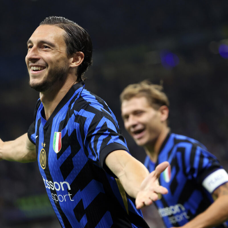 Inter Milans Matteo Darmian jubilates after scoring goal of 1 to 0 during the Italian serie A soccer match between Fc Inter and Lecce at Giuseppe Meazza stadium in Milan, 24 August 2024.ANSA / MATTEO BAZZI