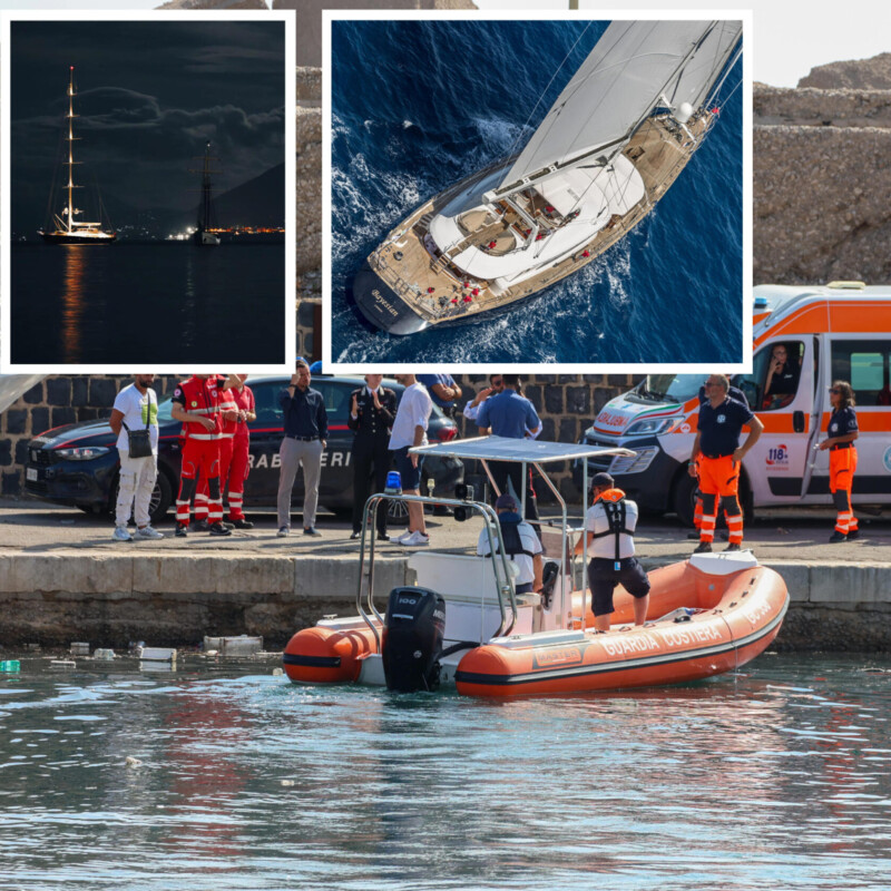 [COMBO] Nella combo: in alto a sinistra l'ultima foto scattata alla barca, in alto al centro una foto dall'alto del modello della barca, la Bayesian della Perini Navie Barca a vela affondata a Porticello sette dispersi 19 agosto 2024 Palermo. ANSA/IIgor Petyx / Facebook / Perini Navi