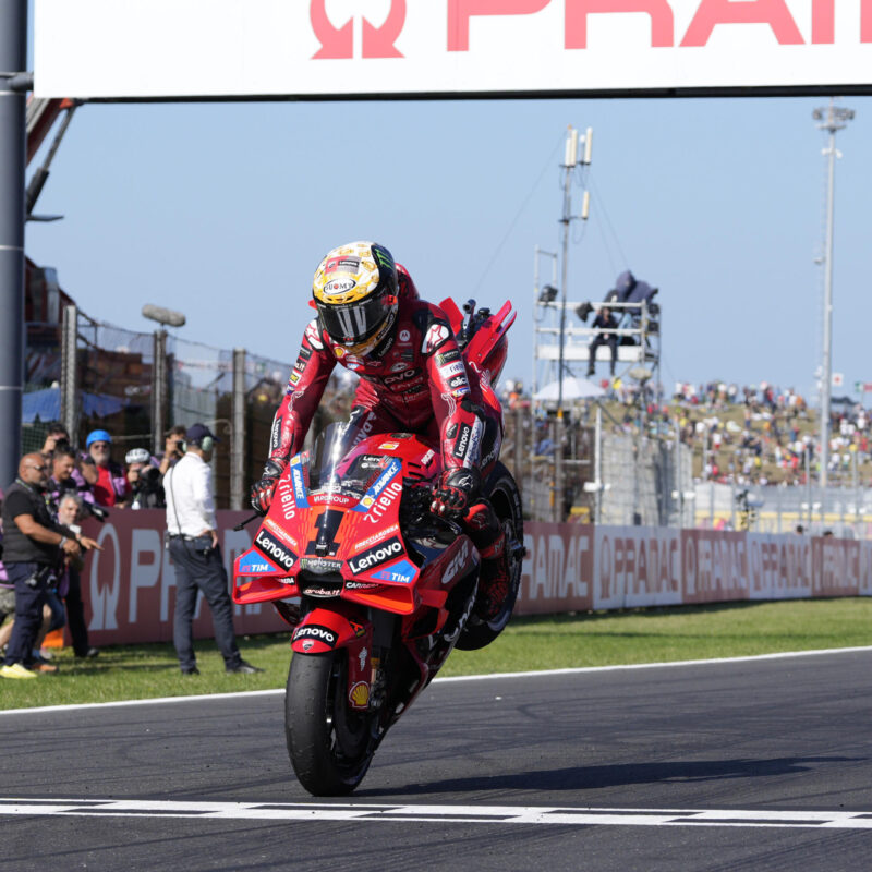 Francesco Bagnaia of Italy and Ducati Lenovo Team celebrate the first place of sprint race of the Pramac MotoGP of Emilia Romagna at Marco Simoncelli Circuit on September 21 2024 in Misano Adriatico, Italy.ANSA/DANILO DI GIOVANNI