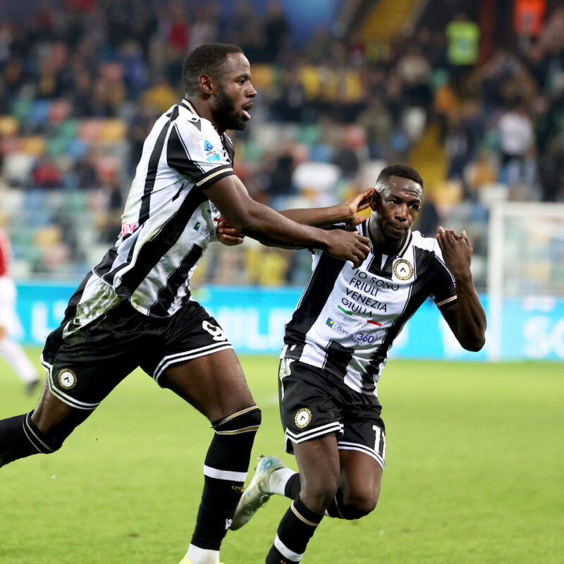 Udinese's Keinan Davis (L) jubilates with his teammate Hassane Kamara after scoring the goal during the Italian Serie A soccer match Udinese Calcio vs Cagliari Calcio at the Friuli - Bluenergy Stadium in Udine, Italy, 25 October 2024. ANSA / GABRIELE MENIS