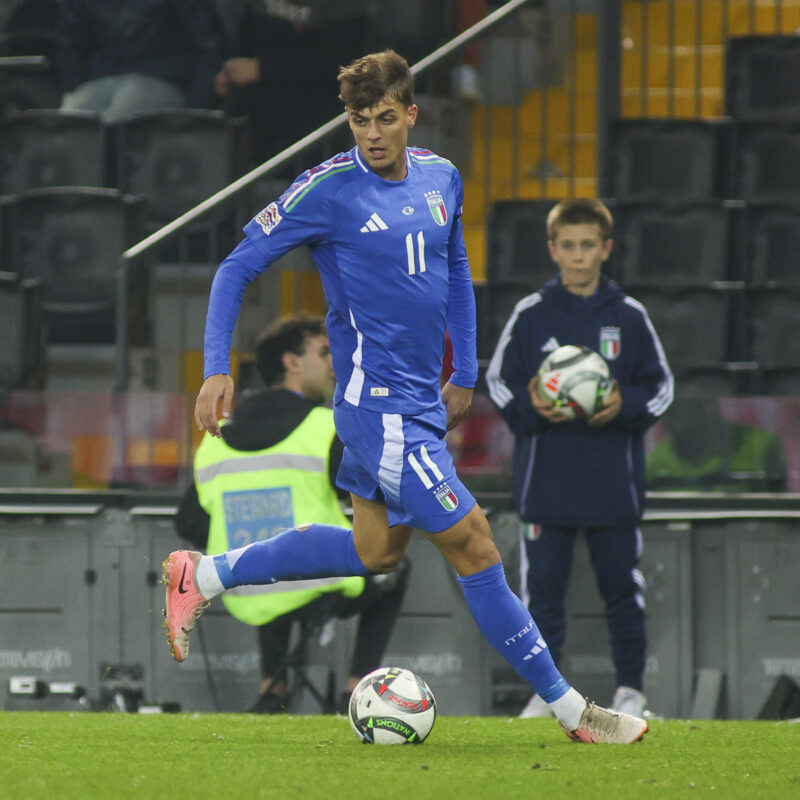 Daniel Maldini of Italy play the ball during Italy vs Israel, matchday 4 of League A of Uefa Nations League 2025, game at Bluenergy stadium - stadio Friuli in Udine (UD), Italy, on October 14, 2024.