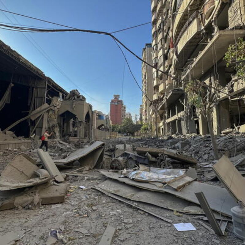 epa11648549 A view of the damaged Sayyed Al Shuhada complex (L) following an Israeli strike at Dahieh district in Beirut, Lebanon, 08 October 2024. According to the Lebanese Minister of Health, more than 2,000 people have been killed and more than 9,600 others have been injured in Lebanon since the beginning of the Israeli-Hezbollah conflict. EPA/WAEL HAMZEH