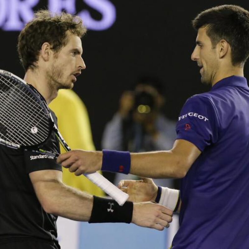 Novak Djokovic, right, of Serbia is congratulated by Andy Murray of Britain after winning the men's singles final at the Australian Open tennis championships in Melbourne, Australia, Saturday, Jan. 30, 2016.(ANSA/AP Photo/Aaron Favila)