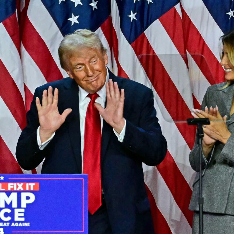 TOPSHOT - Former US President and Republican presidential candidate Donald Trump gestures after speaking during an election night event at the West Palm Beach Convention Center in West Palm Beach, Florida, on November 6, 2024. Republican former president Donald Trump closed in on a new term in the White House early November 6, 2024, just needing a handful of electoral votes to defeat Democratic Vice President Kamala Harris. (Photo by Jim WATSON / AFP)