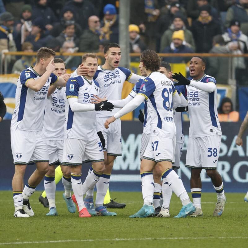 Verona's Diego Coppola jubilates with his teammates after scoring the goal during the Italian Serie A soccer match Parma Calcio vs Hellas Verona FC at Ennio Tardini stadium in Parma, Italy, 15 December 2024. ANSA /ELISABETTA BARACCHI