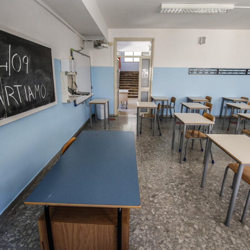 Individual desks have been positioned in a classroom to comply with the rules on social distancing, as preparations for the start of the school year with Covid-19 anti-contagion regulations are underway at Isacco Institute in Rome, 28 August 2020. ANSA/FABIO FRUSTACI