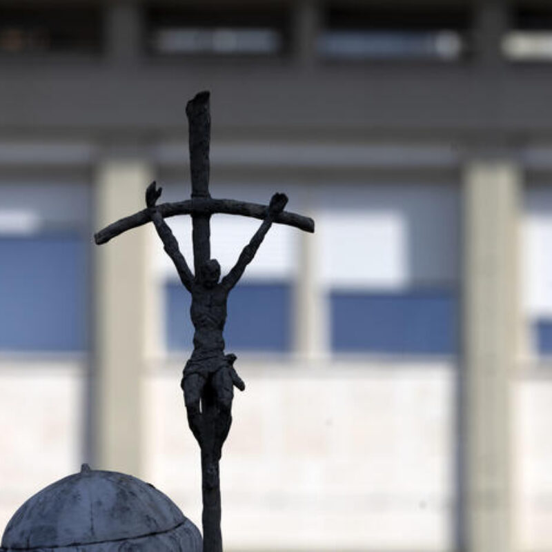 The statue of John Paul II at the entrance to the Gemelli Hospital, where Pope Francis is hospitalized, in Rome, Italy, 02 March 2025.ANSA/MASSIMO PERCOSSI