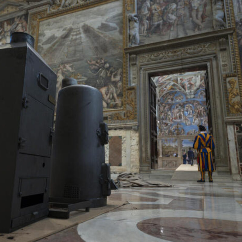 A handout photo made available by Vatican media on 3 May 2025 shows the two stoves positioned in the Sistine Chapel, in Vatican City. In these stoves the ballots are burned after the votes for the choice of the new pope in the conclave, adding a substance that makes the smoke black or white. Black smoke indicates that the majority has not been found on the name of the new pope, white smoke instead indicates that the majority has been found and therefore the new pope has been chosen.ANSA / HANDOUT VATICAN MEDIA +++NO SALES - EDITORIAL USE ONLY+++ (stufe, conclave, cappella, scrutini, voto, simbolica, generica)