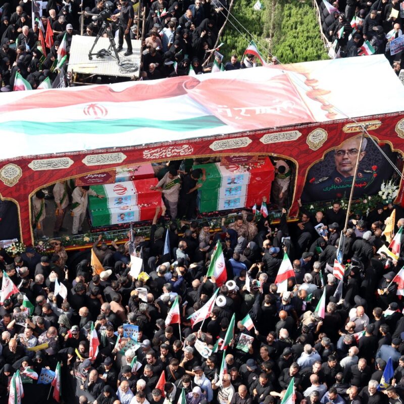 epa12202172 Iranians attend a funeral ceremony for Iranian IRGC generals and scientists who were killed in recent Israeli airstrikes, in Tehran, Iran, 28 June 2025. Israel has been conducting a campaign across Iran since 13 June, targeting nuclear, military, and energy facilities, prompting Iran to launch retaliatory waves of missiles and drones toward Israel. EPA/ABEDIN TAHERKENAREH