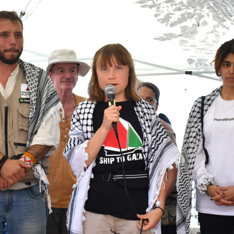 L'attivista svedese Greta Thunberg (c) insieme all'equipaggio del Madleen, il veliero della ong Freedom Flotilla in partenza dal porticciolo di San Giovanni Li Cuti e diretto a Gaza, Catania, 01 giugno 2025. ANSA/ORIETTA SCARDINO